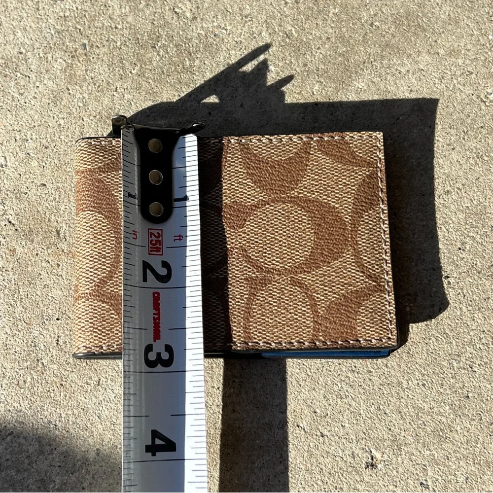 Coach Slim Clip Billfold Card Hold Wallet Brown Classic Canvas Blue Leather - Picture 10 of 12